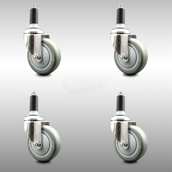 4 Inch 316SS Gray Polyurethane Swivel 1-1/8 Inch Expanding Stem Caster Set SCC